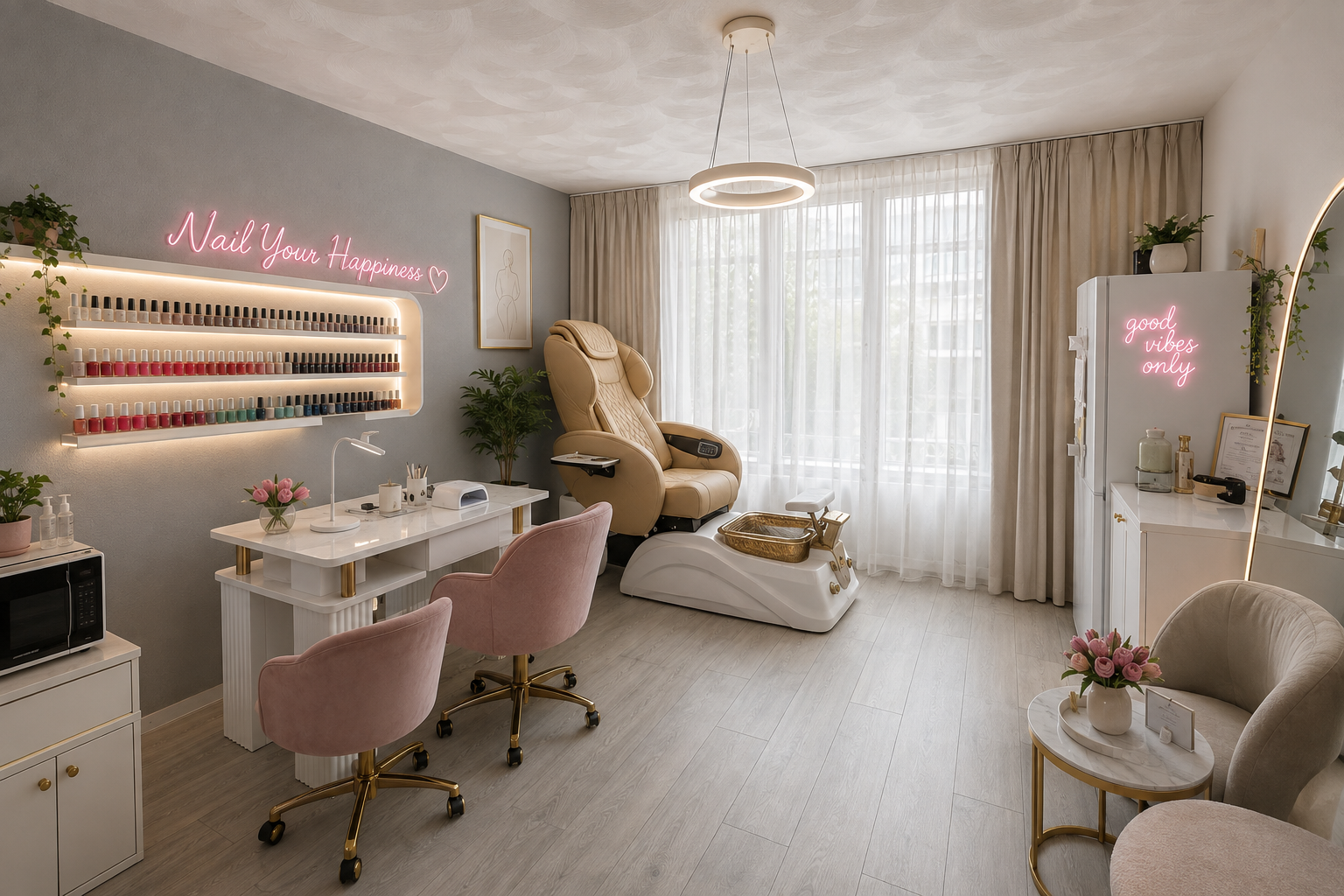 Interieur van Happi Nail Studio in Heemskerk met roze stoelen, neonletters en pedicurestoel