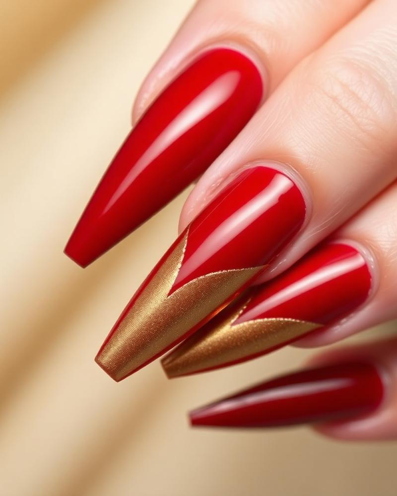 Kersrode lange nagels met gouden chrome accent